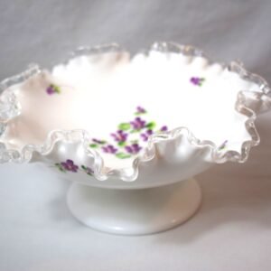 Vintage Fenton Silver Crest Pedestal Milk Glass Bowl Violets In the Snow