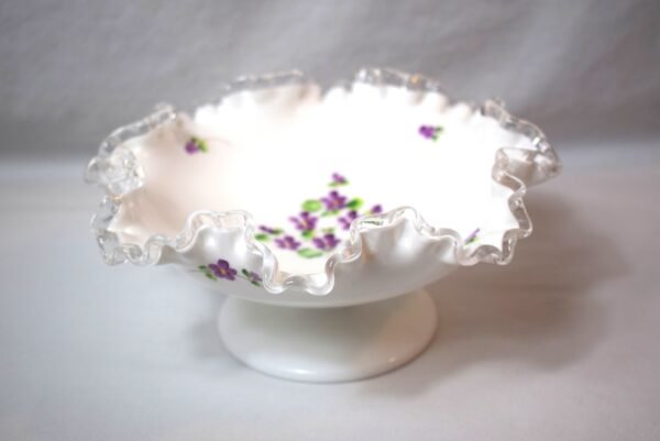 Vintage Fenton Silver Crest Pedestal Milk Glass Bowl Violets In the Snow