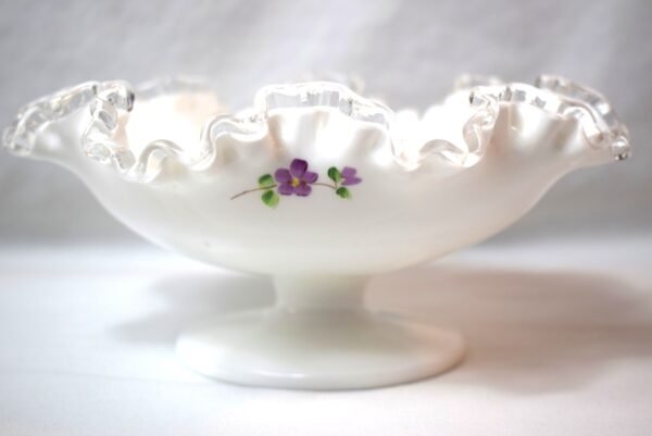 Vintage Fenton Silver Crest Pedestal Milk Glass Bowl Violets In the Snow - Image 2