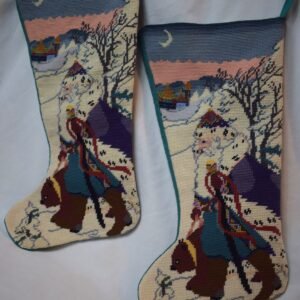 Vintage Pair Needlepoint Christmas Stockings Santa with Gift Bag and Bear
