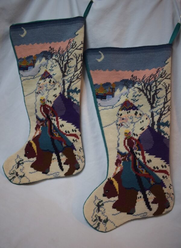 Vintage Pair Needlepoint Christmas Stockings Santa with Gift Bag and Bear