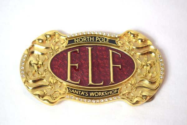 New HRSC Exclusive Solid Brass ELF Buckle Red Enamel and Swarovski Accents Christmas