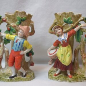 Vintage Pair Royal Japan Vase Figures Boy  Girl  Harvesting Apples