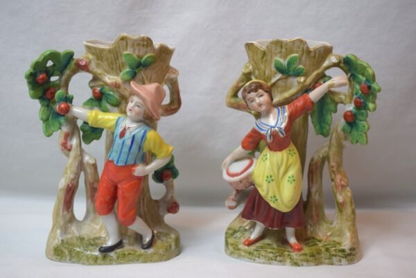 Vintage Pair Royal Japan Vase Figures Boy  Girl  Harvesting Apples