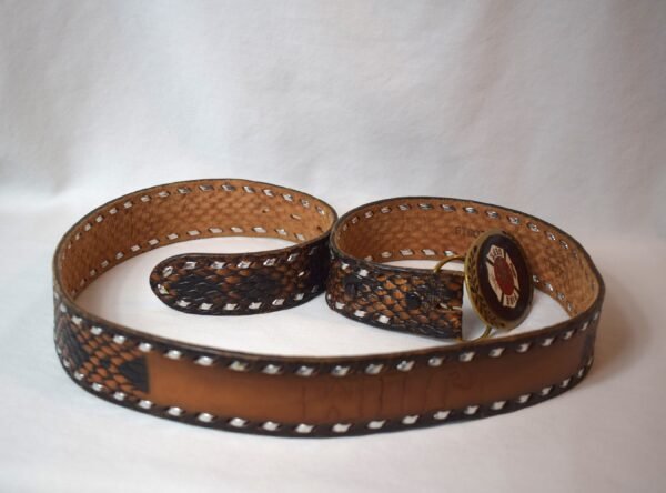 Vintage 1981 Heritage Buckles Solid Brass Fire Dept Buckle 44 inch Leather Belt - Image 4