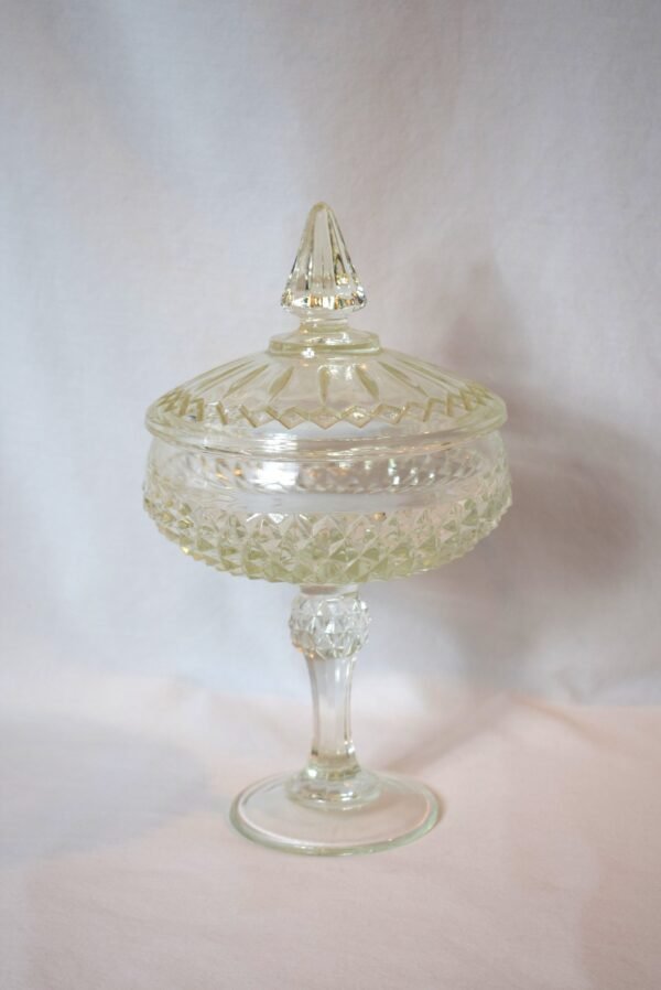 Vintage Indiana Glass Diamond Point Pedestal Covered Candy Dish Compote