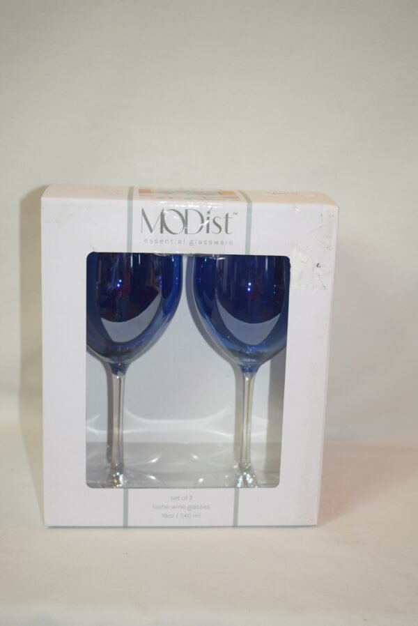NIB Modist Glassware Set of 2 Blue Luster Wine Glasses
