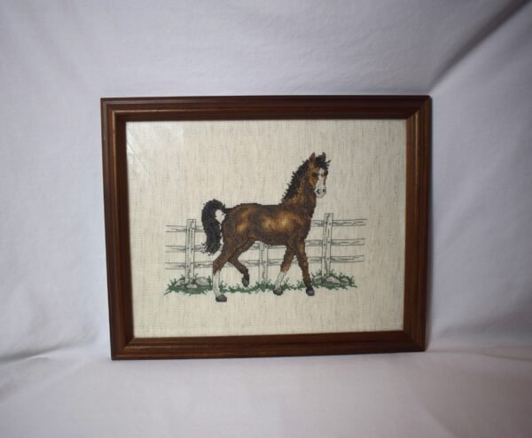 Vintage Completed Framed Horse Counted Cross Stitch Picture 15x12