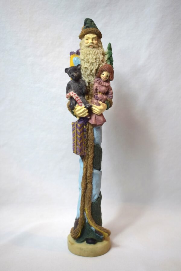Vintage Skinny Santa Claus in Blue Green Suit With Doll and Teddy Bear