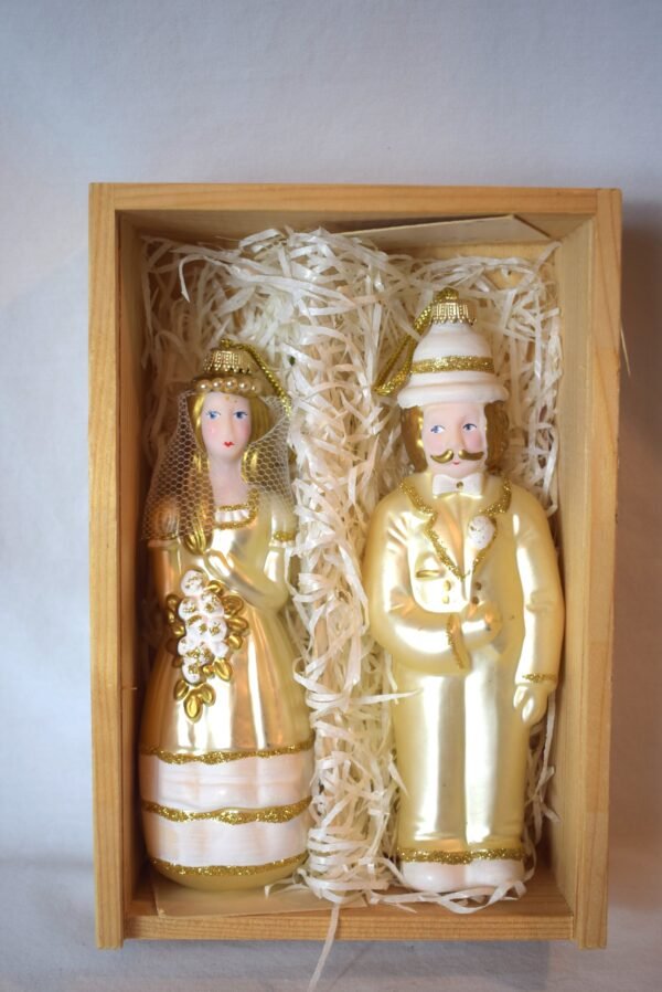 Vintage Lauscha Glass Bride and Groom Ornaments in Original Pine Box
