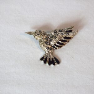 Vintage SilverTone Hummingbird Pin Brooch with Black Enamel and Marcasite Stones
