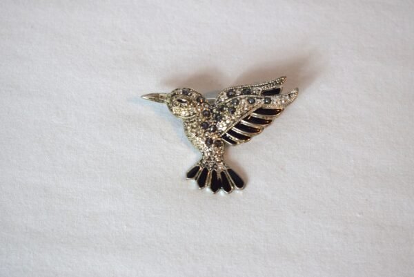 Vintage SilverTone Hummingbird Pin Brooch with Black Enamel and Marcasite Stones