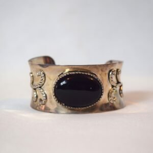 Vintage 925 Sterling Silver Cuff Bangle Bracelet with Black Stone