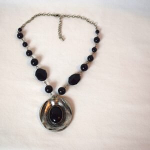 Vintage Silver Tone Black Bead Necklace with Large Oval Pendant with Black Stone