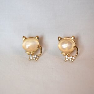 Vintage Pair Gold Tone Cat Pins With Faux Opal and Rhinestones