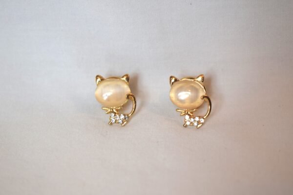 Vintage Pair Gold Tone Cat Pins With Faux Opal and Rhinestones