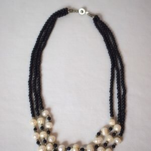 Vintage Teng Yue Pearl and Black Bead Triple Strand Necklace Statement Fashion