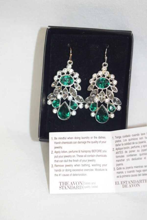 Vintage Avon Silver Tone Shine Like A Crystal Green Drop Earrings - Image 2