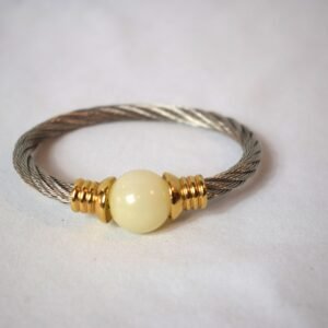 Stainless Steel Twisted Cable Bangle Bracelet with Pearl Like Sphere Accent