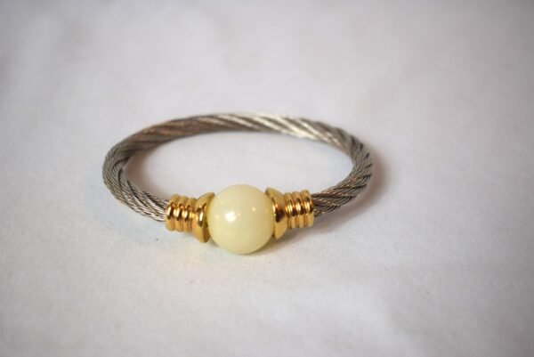 Stainless Steel Twisted Cable Bangle Bracelet with Pearl Like Sphere Accent