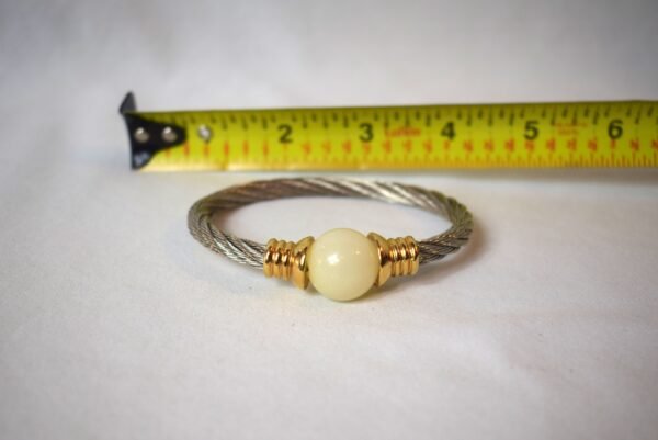 Stainless Steel Twisted Cable Bangle Bracelet with Pearl Like Sphere Accent - Image 2