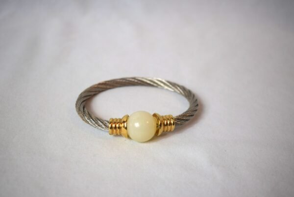 Stainless Steel Twisted Cable Bangle Bracelet with Pearl Like Sphere Accent - Image 3