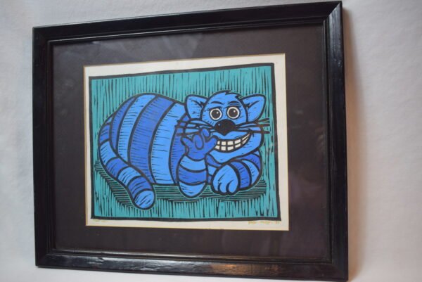 Signed Hugh 99 That Cat Print Matted Framed 3/250 Blue Striped Cat Print - Image 2