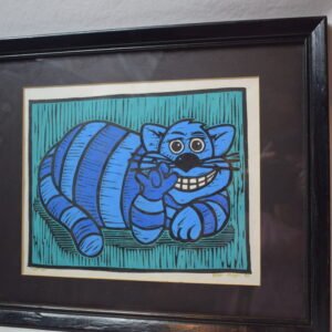Signed Hugh 99 That Cat Print Matted Framed 3/250 Blue Striped Cat Print