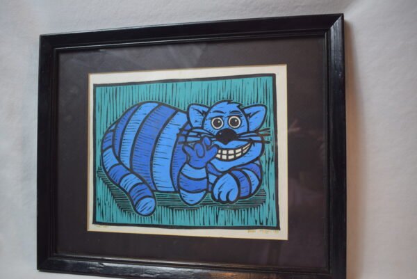 Signed Hugh 99 That Cat Print Matted Framed 3/250 Blue Striped Cat Print
