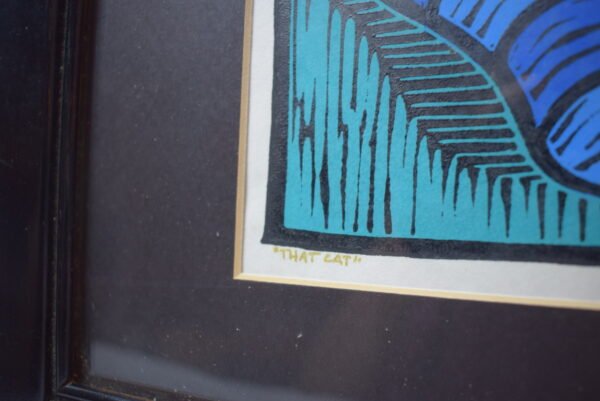 Signed Hugh 99 That Cat Print Matted Framed 3/250 Blue Striped Cat Print - Image 3