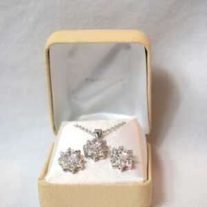 Vintage 3 Piece Silver Tone CZ Flower Necklace and Post Earrings Gift Set