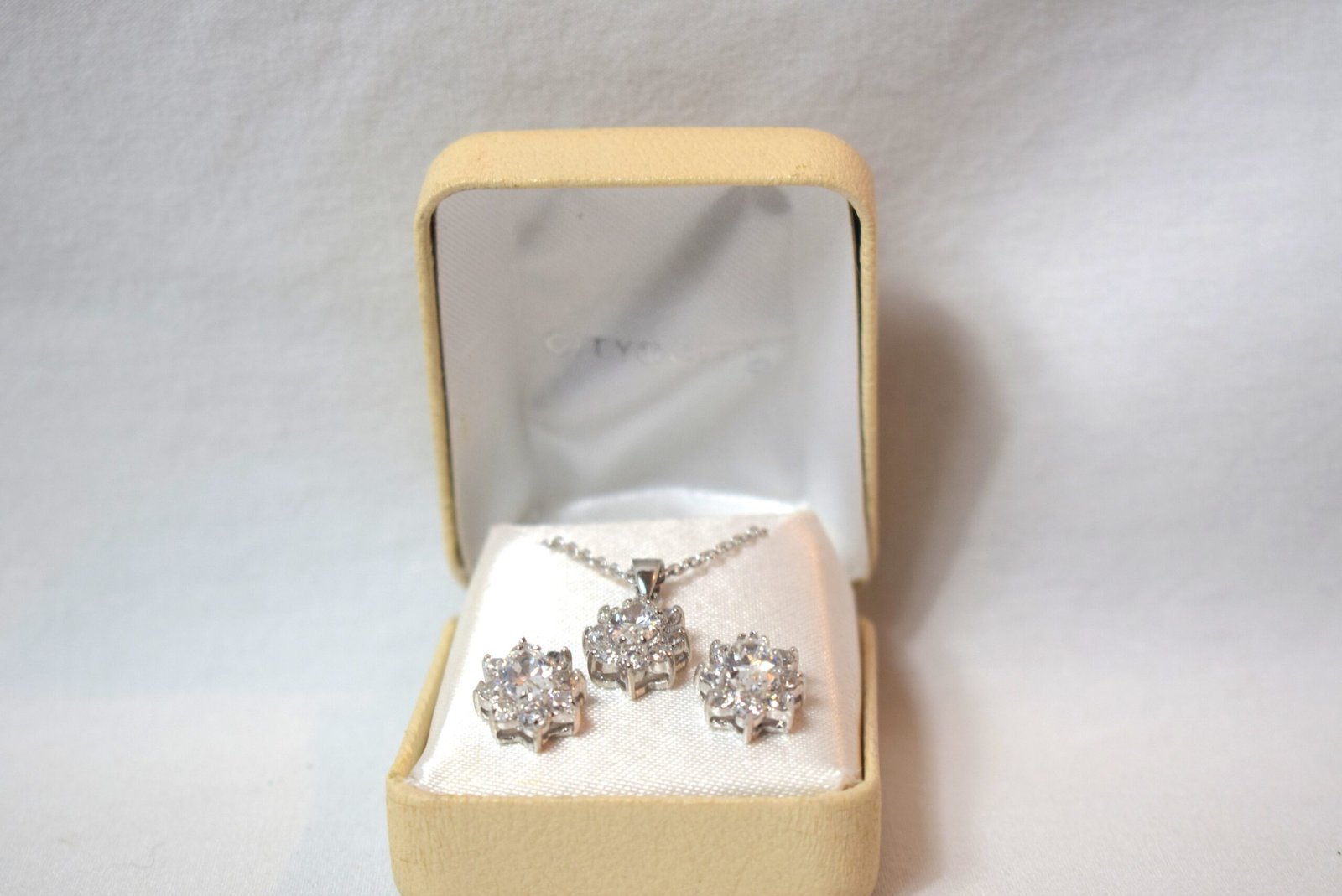 Vintage 3 Piece Silver Tone CZ Flower Necklace and Post Earrings Gift Set