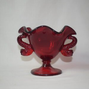 Fenton Ruby Red Glass Compote with Double Dolphin Handles