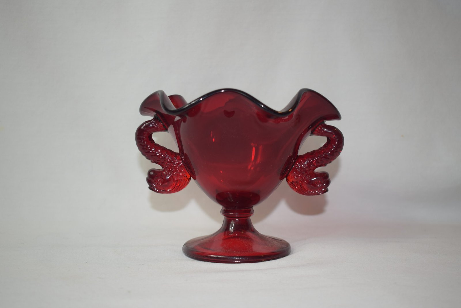 Fenton Ruby Red Glass Compote with Double Dolphin Handles