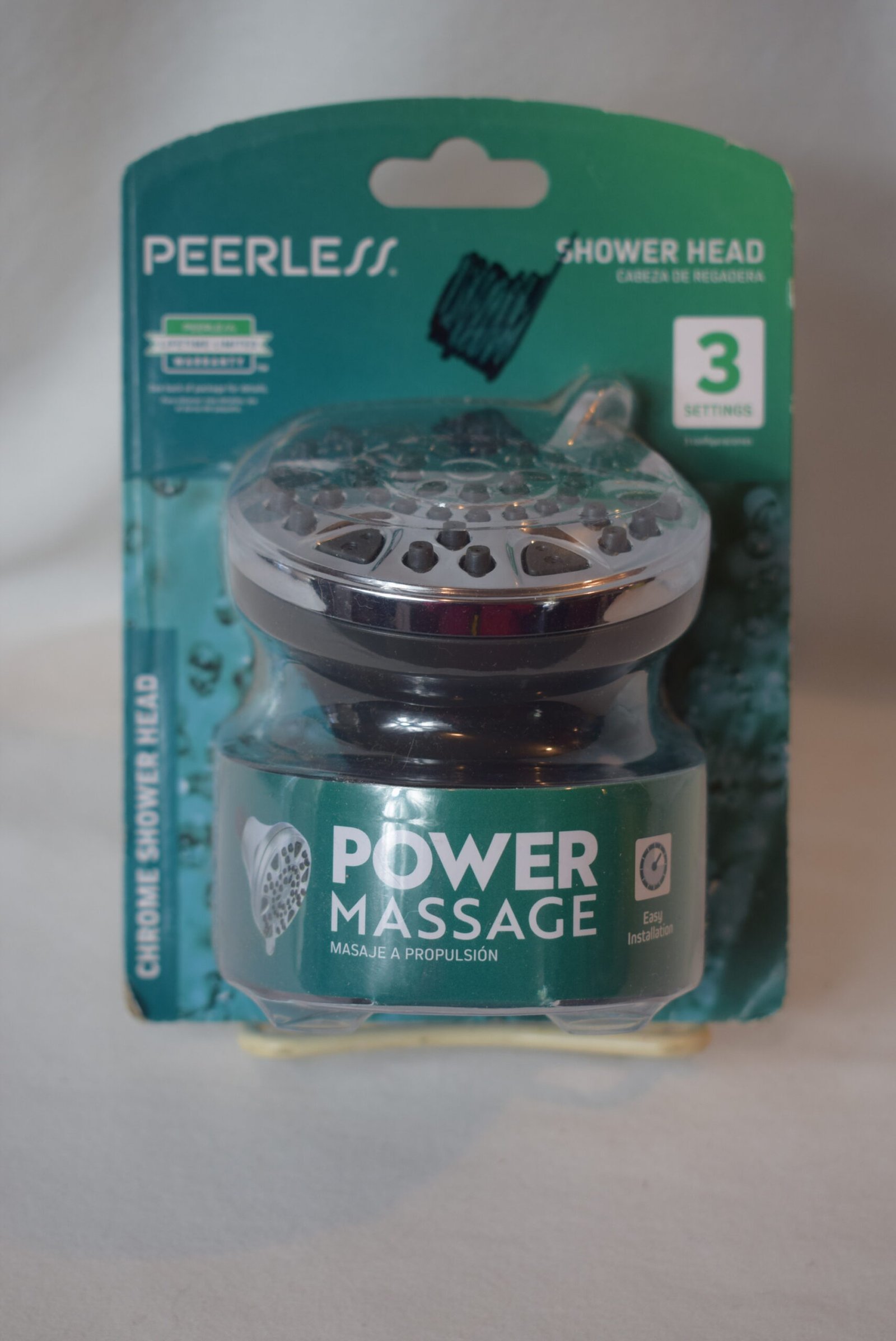 New In Original Package Peerless Power Massage Chrome Shower Head 3 Settings
