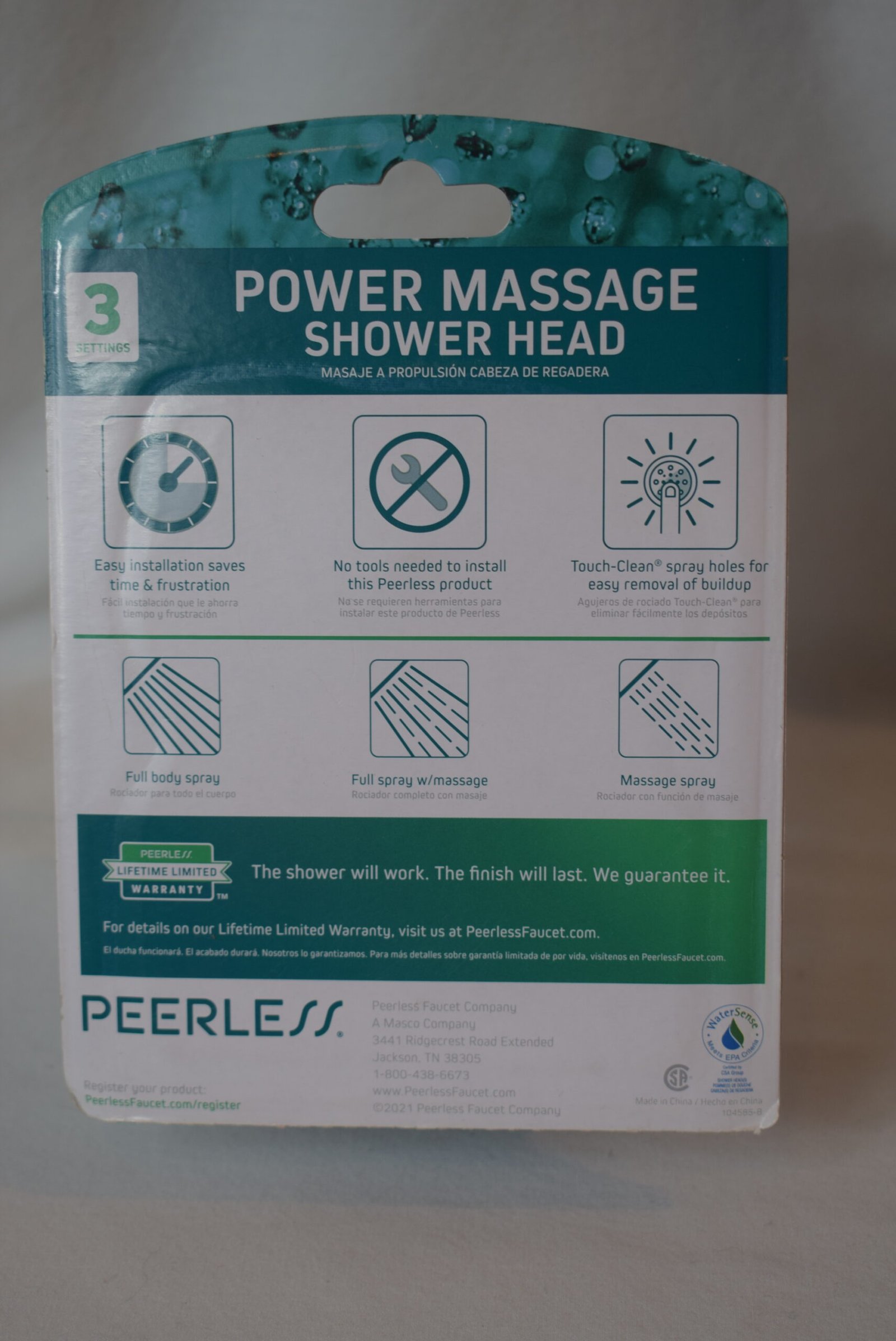 New In Original Package Peerless Power Massage Chrome Shower Head 3 Settings - Image 2