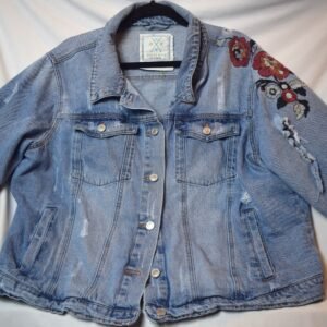 Vintage Embroidered Angel Kiss Distressed Blue Jean Jacket