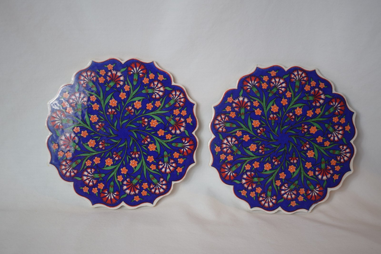 Vintage Pair Turkish Ceramic Floral Trivets Hot Pads 7 Inches